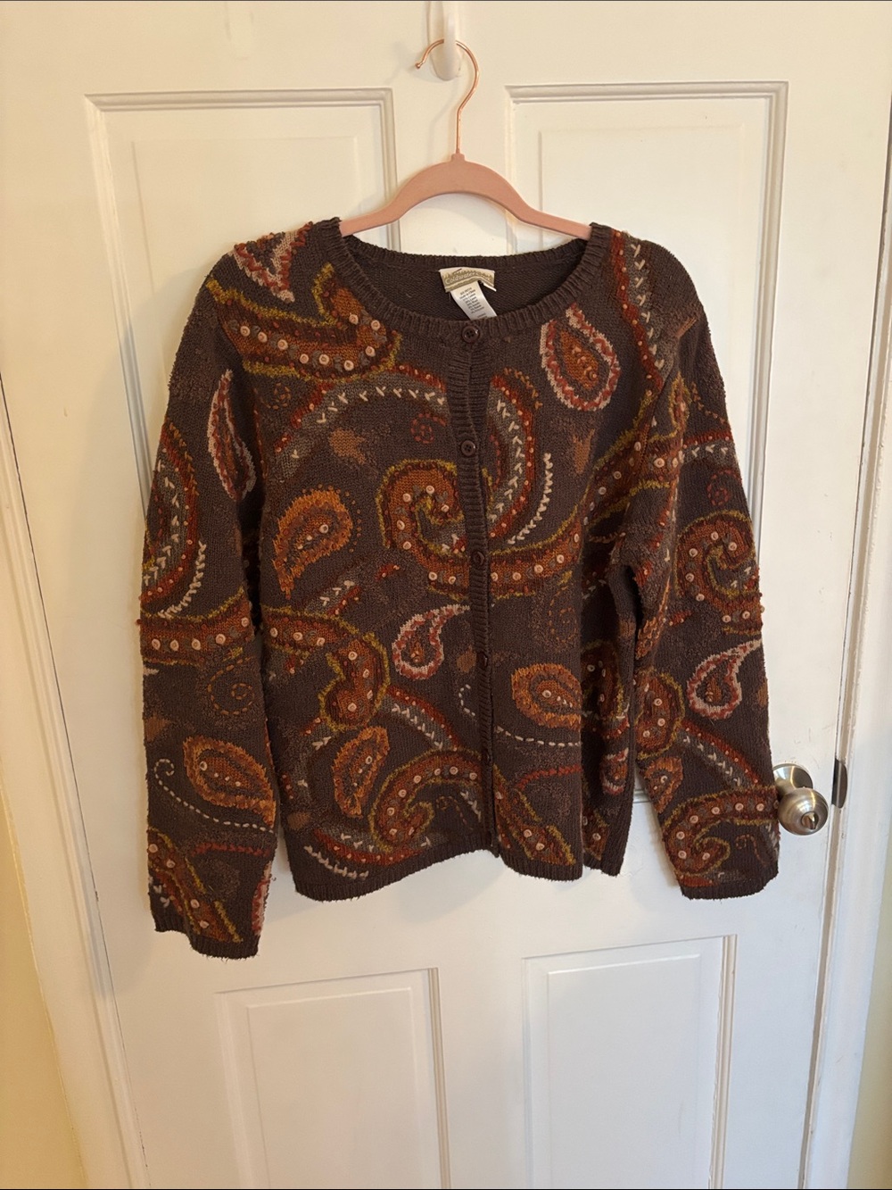 Cold water Creek Brown Paisley Button-Front Women's Sweater Size Large